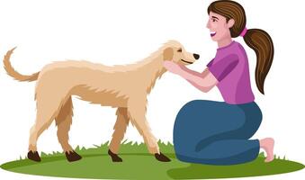 meisje, vrouw liefhebbend hond, huisdier liefde vector illustratie