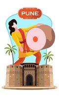 pune festival, met meisje spelen dhol en Shaniwar wada fort vector