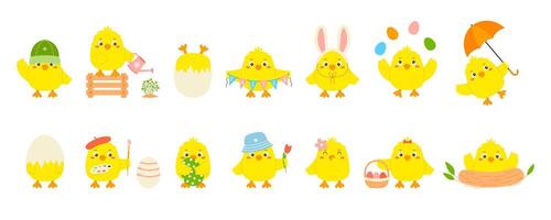 grappig Pasen geel kuiken karakter set. schattig baby kippen in divers poseert. weinig baby boerderij vogelstand verzameling. hand- getrokken vector illustratie