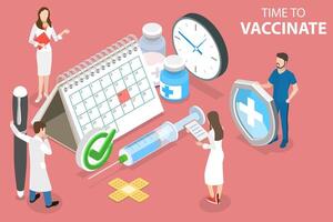 3d isometrische vlak vector conceptuele illustratie van tijd naar vaccineren