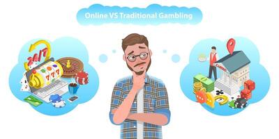 3d isometrische vlak vector conceptuele illustratie van online het gokken vs offline het gokken