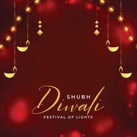 glimmend rood achtergrond met hangende diya voor shubh diwali viering vector