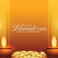 elegant gelukkig dhanteras groet kaart met gloeiend diya en gouden munt vector