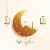 religieus Ramadan kareem gouden maan en moskee achtergrond vector