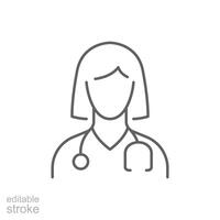 dokter icoon. gemakkelijk schets stijl. dokter, arts, professioneel, geneesmiddel, dame, vrouw, vrouw, stethoscoop, Gezondheid concept. dun lijn symbool. vector illustratie geïsoleerd. bewerkbare hartinfarct.