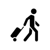 reiziger Mens icoon. gemakkelijk solide stijl. passagier trekken rollend tas, bedrijf reis, vakantie, toerisme concept. zwart silhouet, glyph symbool. vector illustratie geïsoleerd.