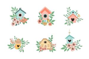 hand- getrokken reeks van vogel huizen met bloemen elementen. vector illustratie kan gebruikt voor groet kaart, zomer of voorjaar decor. schattig vogelhuisjes en boeketten.