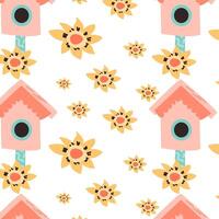 hand- getrokken roze vogelhuisje patroon met bloemen. vector illustratie geïsoleerd. kan gebruikt voor omhulsel papier, textiel, kleren. groet kaart, achtergronden.