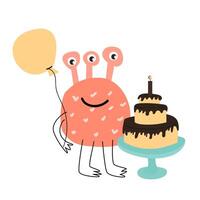 schattig roze monster met taart voor verjaardag kaart vector
