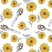 bloemen schetsen patroon met honing in geel kleur vector