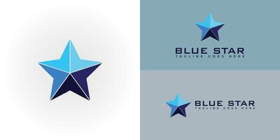 de laag poly blauw ster is gemaakt met driehoeken in meerdere blauw kleur en gepresenteerd met meerdere wit en grijs achtergrond kleuren. de logo is geschikt voor bedrijf en financiën logo ontwerp inspiratie vector