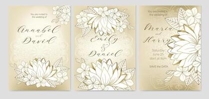 reeks van 3 bruiloft kaarten. gouden schets van bloemen. kunst van natuur. vector