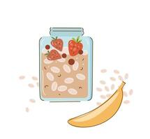 havermout ontbijt ,havermout smoothie met aardbeien en bananen, gekookt granen en gezond voedsel. vector illustratie.