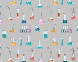 naadloos patroon school- chemie klasse transparant glas kolven en antwoordt, glaswerk voor de chemisch laboratorium. test buizen voor wetenschappelijk Onderzoek. chemisch uitrusting voor experimenten. vector