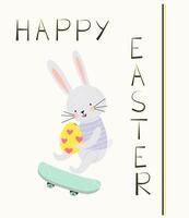 de Pasen konijn ritten een skateboard en houdt een geschilderd ei in zijn poten. Pasen ei. gelukkig Pasen. horizontaal poster, Pasen groet kaart, gelukkig Pasen spandoek. vector