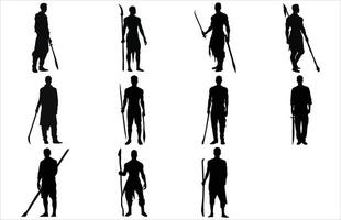 trirbe Mens Holding een speer hoofd, oude aztec krijger Holding schild, Maya soldaat vector