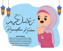 schattig moslim meisje bidden vieren Ramadan vector