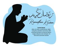 silhouet moslim Mens zittend Aan de gebed tapijt terwijl bidden in Ramadhan maand vector