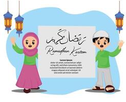 tekenfilm schattig kind moslim met Ramadan kareem groet achtergrond vector