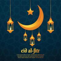 eid al fitr groet kaart met halve maan maan en lantaarns vector