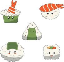 kawaii sushi illustratie. tekenfilm karakter verzameling. vector