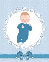 baby kaart met schattig baby jongen en kant patroon met boog. ontwerp voor pasgeborenen. illustratie, groet kaart, vector. vector