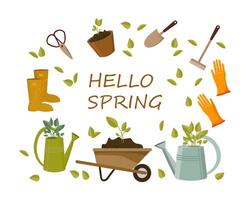tuinieren set, tuin kruiwagen, Schep, hark, laarzen, handschoenen, gieter kan, vogelhuisje, houten tekens. pictogrammen, voorjaar illustratie, vector