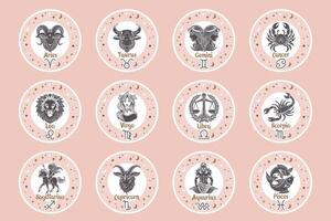 astrologie dierenriem tekens set, mystiek ronde pictogrammen. esoterisch symbolen voor logo of pictogrammen. pastel kleuren, vector
