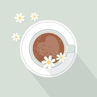 koffie kop Aan een schotel en kamille bloemen, top visie. illustratie, afdrukken, vector