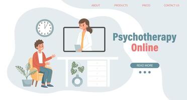 psychotherapie online, een jongen pratend naar een psycholoog Aan de scherm. mentaal Gezondheid banier of landen bladzijde sjabloon. illustratie, vector