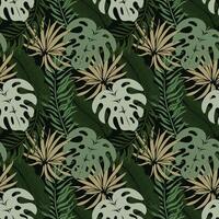 naadloos patroon, oerwoud, kleurrijk tropisch bladeren Aan een donker achtergrond. afdrukken, achtergrond, textiel, behang, vector