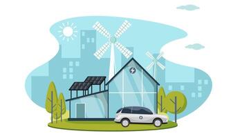 modern eco zonne- paneel huis met wind turbines vector illustratie