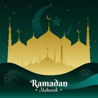 ramzan mubarak groet met Islamitisch moskee structuur en eid maan vector