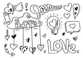 hand getrokken doodles instellen voor Valentijnsdag. verzameling van mooie harten en geschriften liefde op witte achtergrond. vectorillustratie. vector