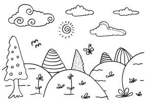 schattige cartoonweide met bergen, planten, wolken en zon. vector