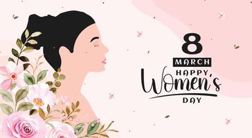 8 maart vrouwen dag groet kaart ontwerp met jong vrouw illustratie en bloem vector