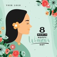 8 maart vrouwen dag groet kaart ontwerp met jong vrouw illustratie en bloem vector