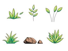 gras, bladeren en steen rotsen vector tekenfilm illustratie