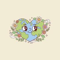 schattig retro illustratie van planeet aarde in de vorm van een hart en omringd door bloemen vector