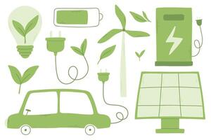 reeks van groen energie elementen. verzameling van milieu elementen. elektrisch auto, zonne- accu, station, licht lamp. vector illustratie.