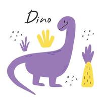 schattig kinderachtig dino afdrukken in vlak Scandinavisch stijl. poster met dino en belettering. vector illustratie..