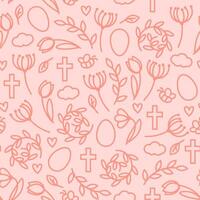 roze pastel Pasen naadloos patroon van lineair bloemen en Pasen symbolen vector