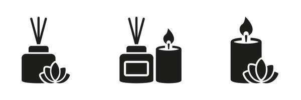 aroma kaarsen voor spa, huis decoratie silhouet icoon set. parfum stok, riet verdeler pictogram. geparfumeerd kaars symbool verzameling. geur behandeling voor kom tot rust teken. geïsoleerd vector illustratie