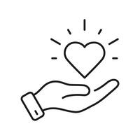 menselijk hand- houden hart lijn icoon. liefde, Gezondheid, bescherming lineair pictogram. bijdrage en ondersteuning schets symbool. medisch helpen, solidariteit teken. bewerkbare hartinfarct. geïsoleerd vector illustratie