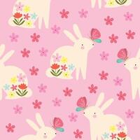roze konijn met vlinder in tuin hand- getrokken naadloos patroon vector voor versieren uitnodiging groet verjaardag partij viering bruiloft kaart poster banier textiel behang papier inpakken achtergrond