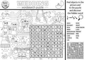 vector zwart en wit bruiloft woorden zoeken puzzel voor kinderen. woord zoeken quiz met huwelijk ceremonie landschap kleur bladzijde. leerzaam werkzaamheid of kruis woord met bruid, bruidegom, gasten, taart