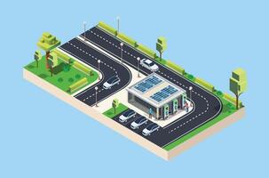 isometrische opladen elektrisch auto's Bij tol weg rust uit Oppervlakte met snel aanjager stations en veel opladen punten. voertuigen Bij hernieuwbaar zonne- paneel energie accu opslagruimte station Aan rooster netwerk. vector