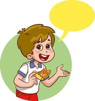 vector illustratie van een weinig jongen aan het eten een plak van pizza met toespraak bubbel