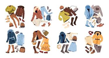 outfits reeks in gewoontjes stijl voor Dames. mode vrouw kleding, accessoires, kleding, kleding, Tassen, hoeden, schoenen voor vallen en winter. geïsoleerd vlak vector illustraties Aan wit achtergrond. klem kunst.