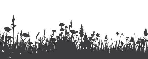 silhouet van onkruid en struiken. vlak planten en bloemen. gras achtergrond vector